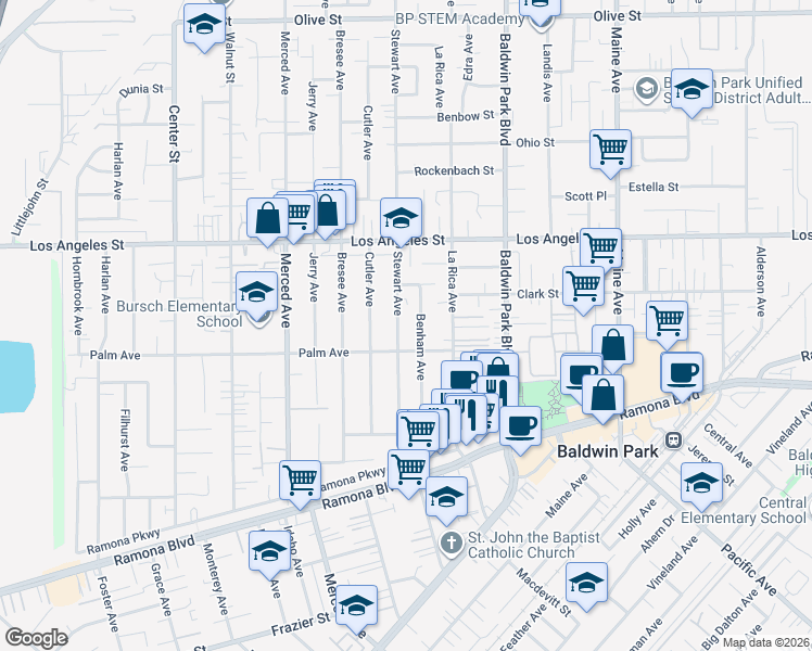 map of restaurants, bars, coffee shops, grocery stores, and more near 4212 Stewart Avenue in Baldwin Park