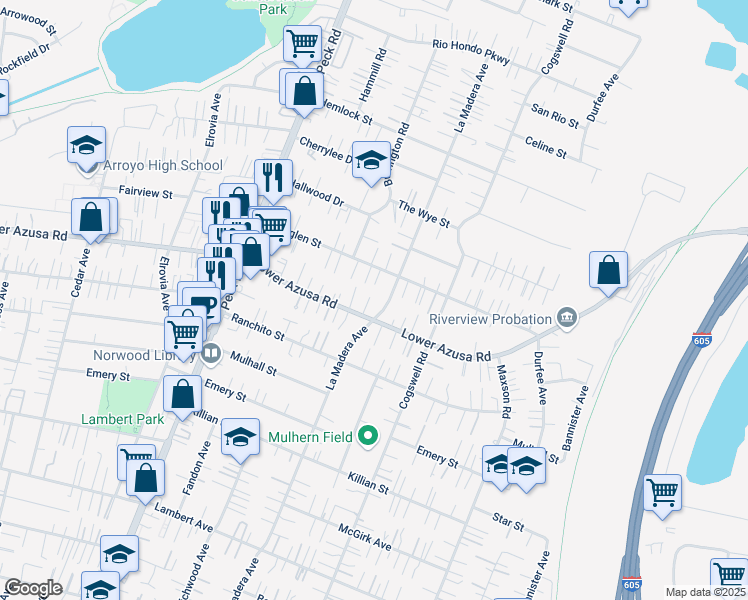 map of restaurants, bars, coffee shops, grocery stores, and more near 11835 Lower Azusa Road in El Monte