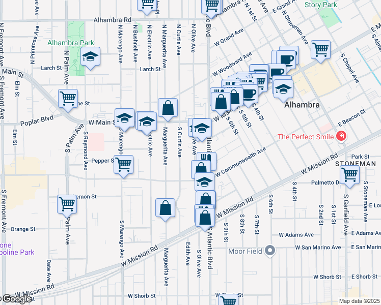 map of restaurants, bars, coffee shops, grocery stores, and more near 208 South Olive Avenue in Alhambra