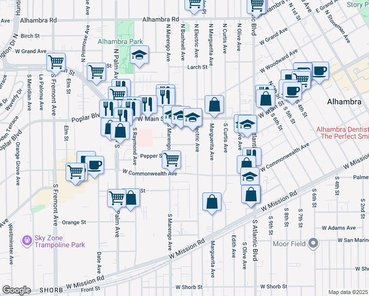 map of restaurants, bars, coffee shops, grocery stores, and more near 129 Electric Avenue in Alhambra