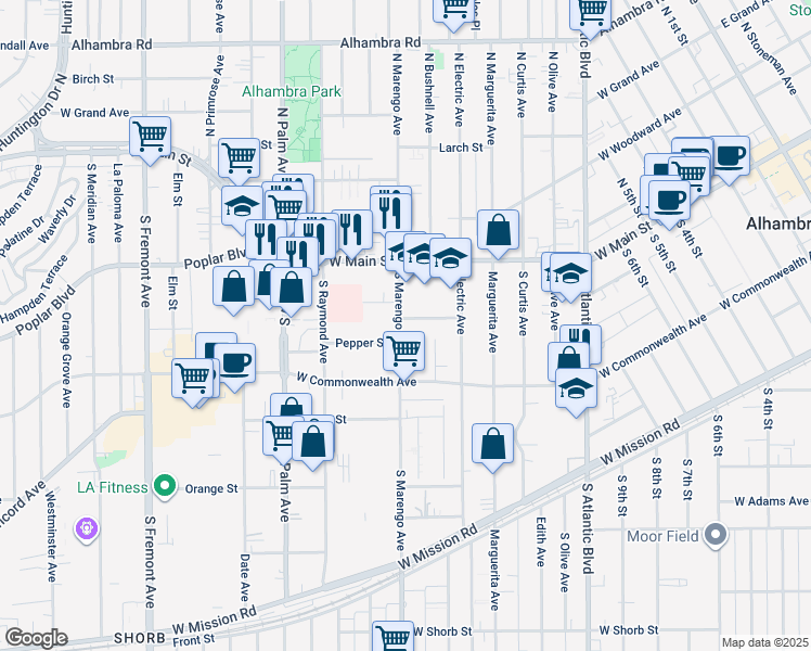 map of restaurants, bars, coffee shops, grocery stores, and more near 130 South Marengo Avenue in Alhambra