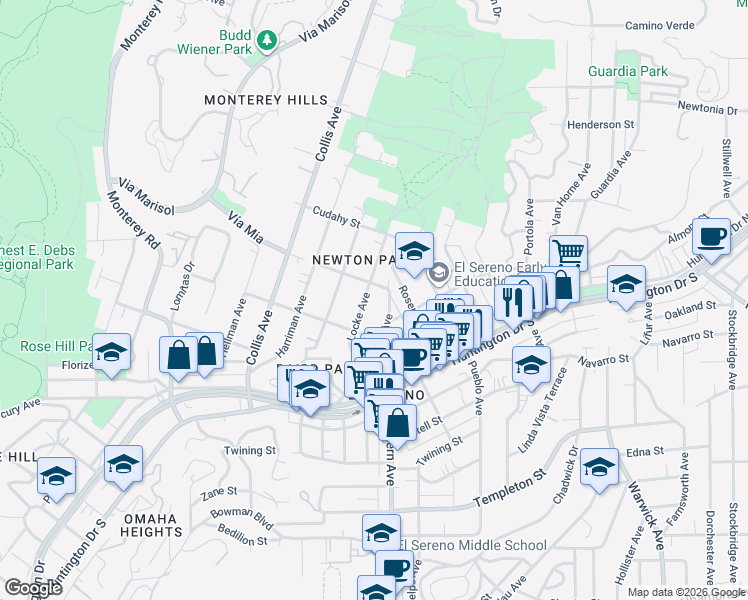 map of restaurants, bars, coffee shops, grocery stores, and more near 3726 Locke Avenue in Los Angeles
