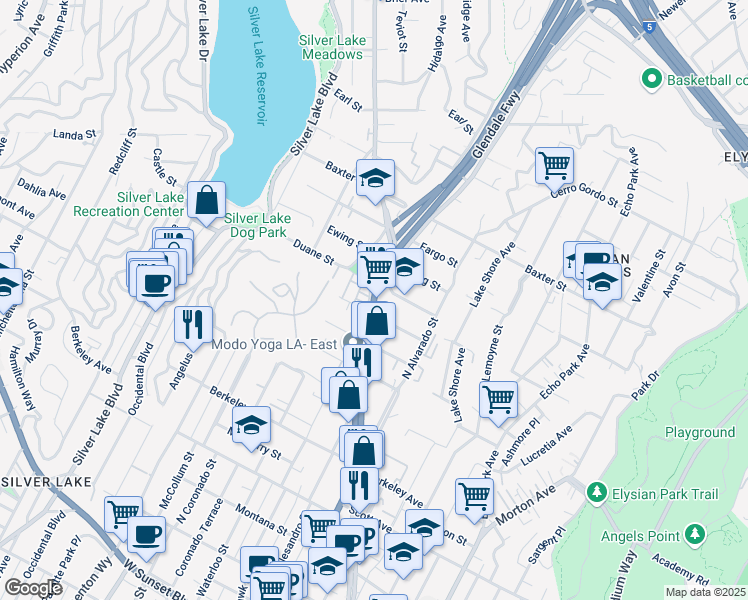 map of restaurants, bars, coffee shops, grocery stores, and more near 1837 Silent Era Drive in Los Angeles