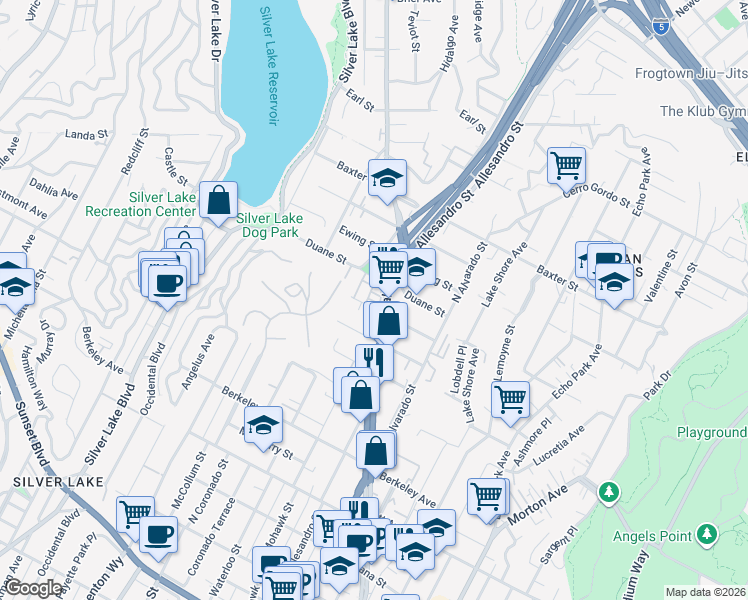map of restaurants, bars, coffee shops, grocery stores, and more near 1837 Silent Era Drive in Los Angeles