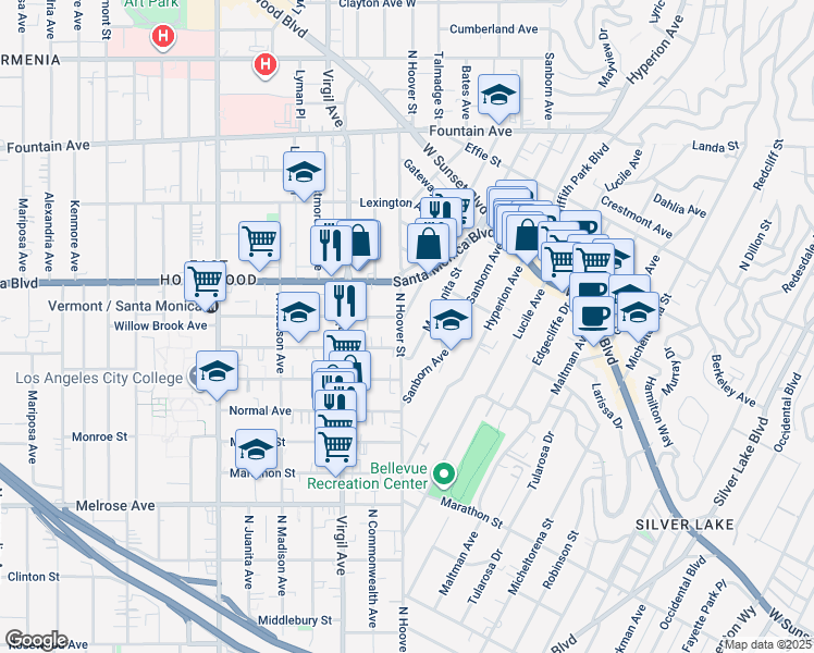 map of restaurants, bars, coffee shops, grocery stores, and more near 915 Manzanita Street in Los Angeles