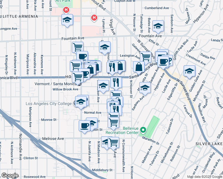 map of restaurants, bars, coffee shops, grocery stores, and more near 957 North Virgil Avenue in Los Angeles
