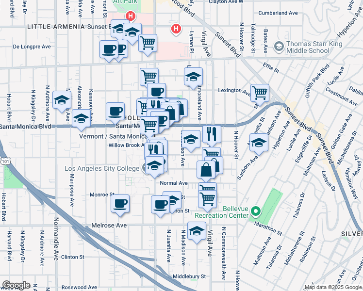 map of restaurants, bars, coffee shops, grocery stores, and more near 4421 Lockwood Avenue in Los Angeles