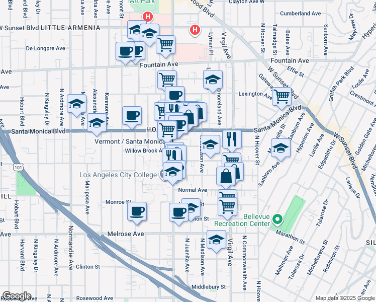 map of restaurants, bars, coffee shops, grocery stores, and more near 4421 Lockwood Avenue in Los Angeles