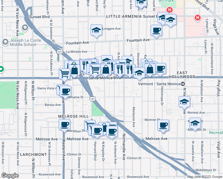map of restaurants, bars, coffee shops, grocery stores, and more near 1011 North Ardmore Avenue in Los Angeles