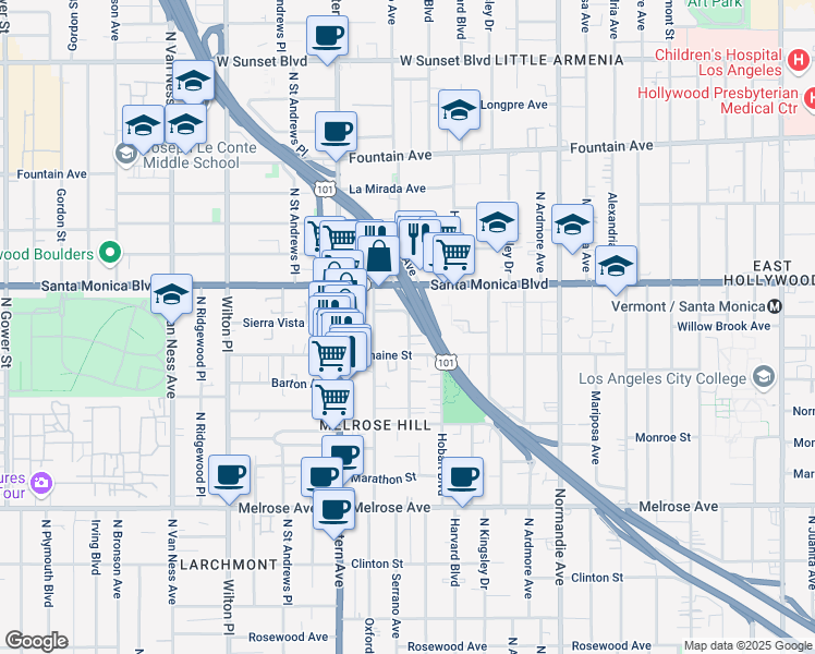 map of restaurants, bars, coffee shops, grocery stores, and more near 1013 North Serrano Avenue in Los Angeles