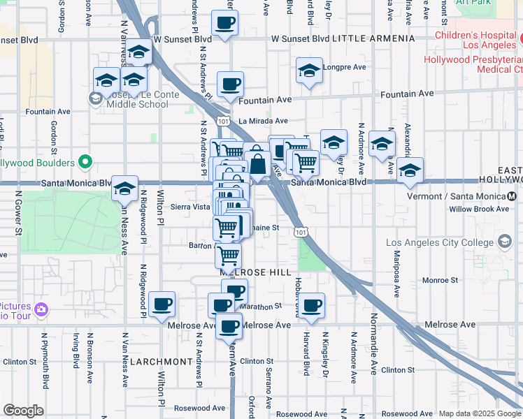 map of restaurants, bars, coffee shops, grocery stores, and more near 1015 North Oxford Avenue in Los Angeles