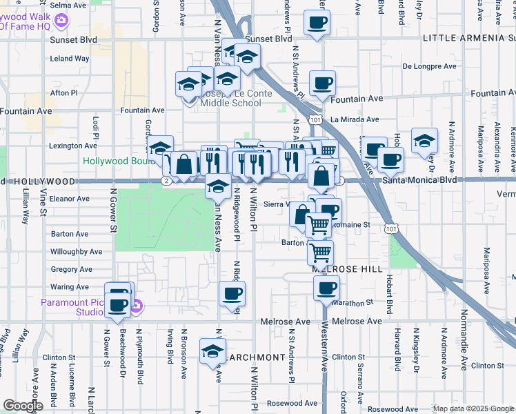 map of restaurants, bars, coffee shops, grocery stores, and more near in Los Angeles
