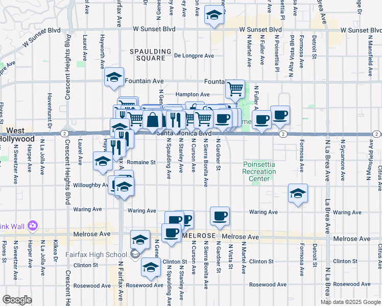 map of restaurants, bars, coffee shops, grocery stores, and more near 1008 North Stanley Avenue in West Hollywood