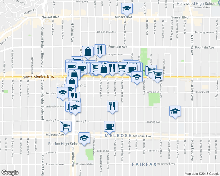 map of restaurants, bars, coffee shops, grocery stores, and more near 1008 North Stanley Avenue in West Hollywood