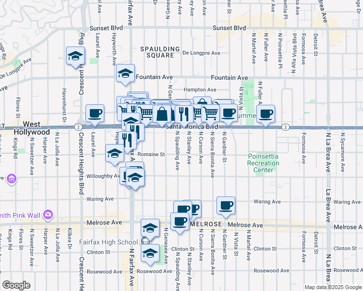 map of restaurants, bars, coffee shops, grocery stores, and more near 7741 Romaine Street in West Hollywood
