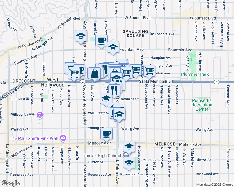 map of restaurants, bars, coffee shops, grocery stores, and more near 7911 Romaine Street in West Hollywood