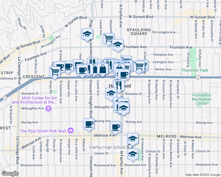 map of restaurants, bars, coffee shops, grocery stores, and more near 1000 North Edinburgh Avenue in West Hollywood