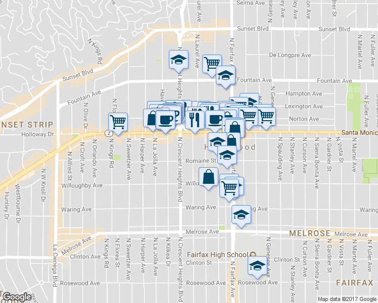 map of restaurants, bars, coffee shops, grocery stores, and more near 1009 North Laurel Avenue in West Hollywood