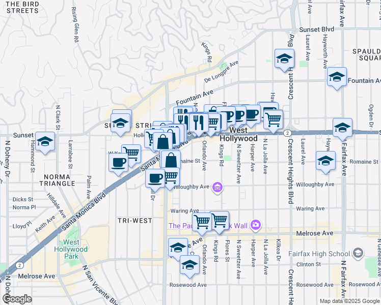 map of restaurants, bars, coffee shops, grocery stores, and more near 1000 North Croft Avenue in Los Angeles