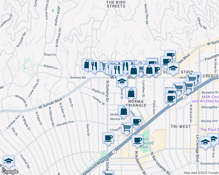 map of restaurants, bars, coffee shops, grocery stores, and more near 9039 Phyllis Avenue in West Hollywood