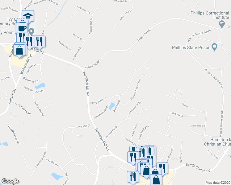 map of restaurants, bars, coffee shops, grocery stores, and more near 3880 Plantation Mill Drive in Buford