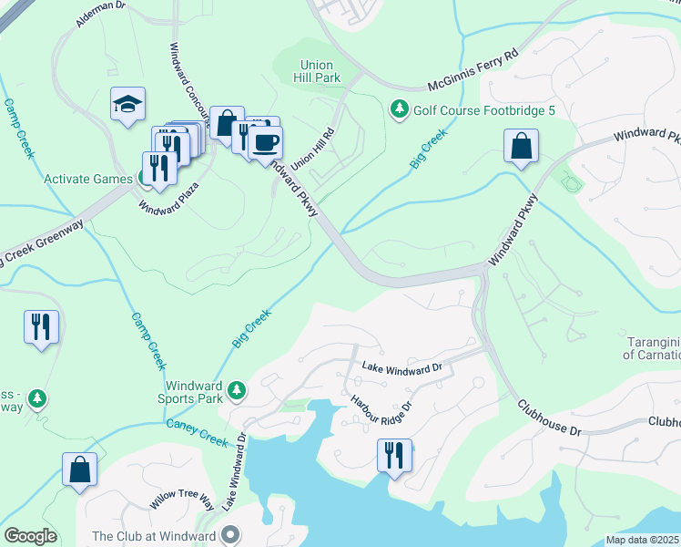 map of restaurants, bars, coffee shops, grocery stores, and more near 6301 Windward Parkway in Alpharetta