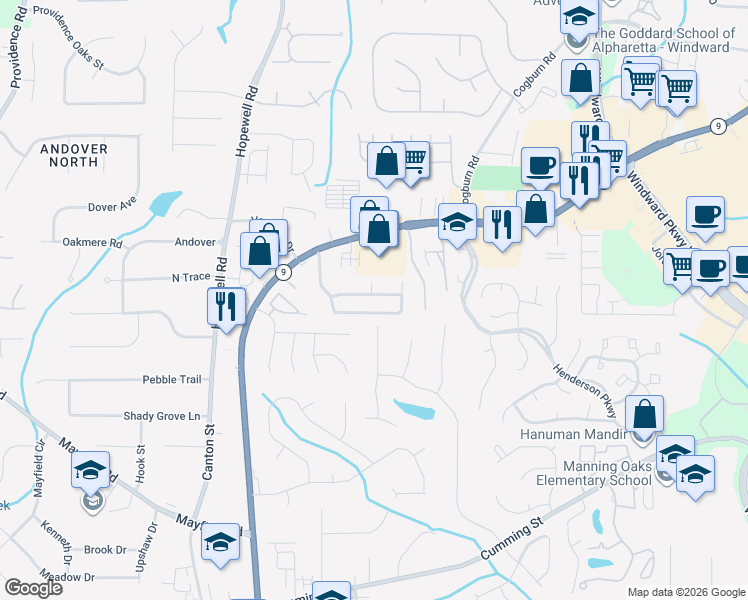 map of restaurants, bars, coffee shops, grocery stores, and more near 1130 Winthrope Chase Drive in Alpharetta