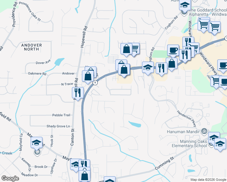 map of restaurants, bars, coffee shops, grocery stores, and more near 1050 Winthrope Chase Drive in Alpharetta