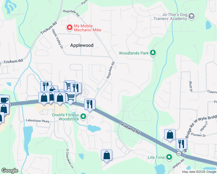 map of restaurants, bars, coffee shops, grocery stores, and more near 307 Cornerstone Trce in Woodstock
