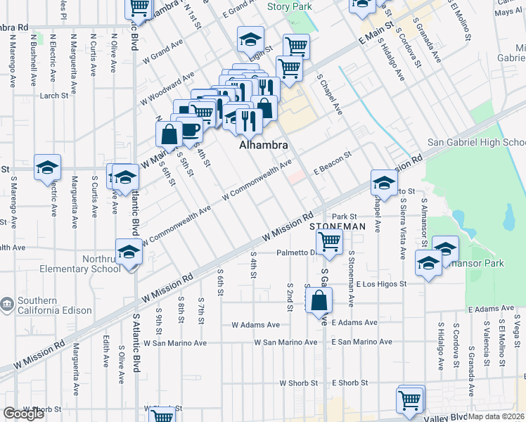 map of restaurants, bars, coffee shops, grocery stores, and more near 408 South 3rd Street in Alhambra