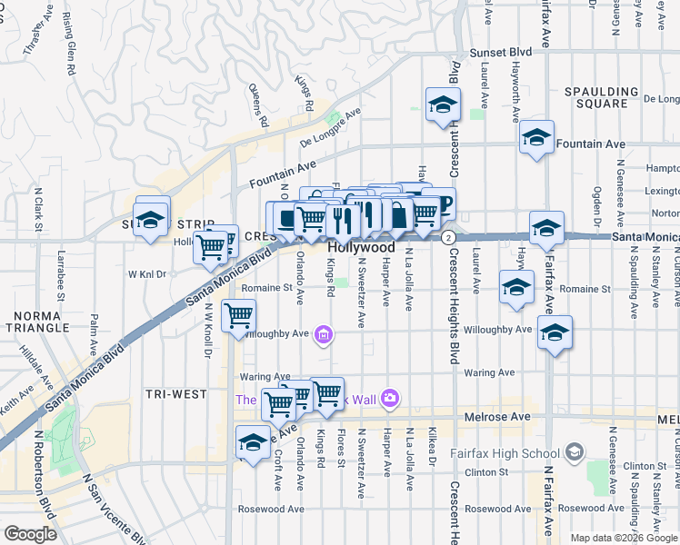 map of restaurants, bars, coffee shops, grocery stores, and more near 1010 Kings Road in West Hollywood