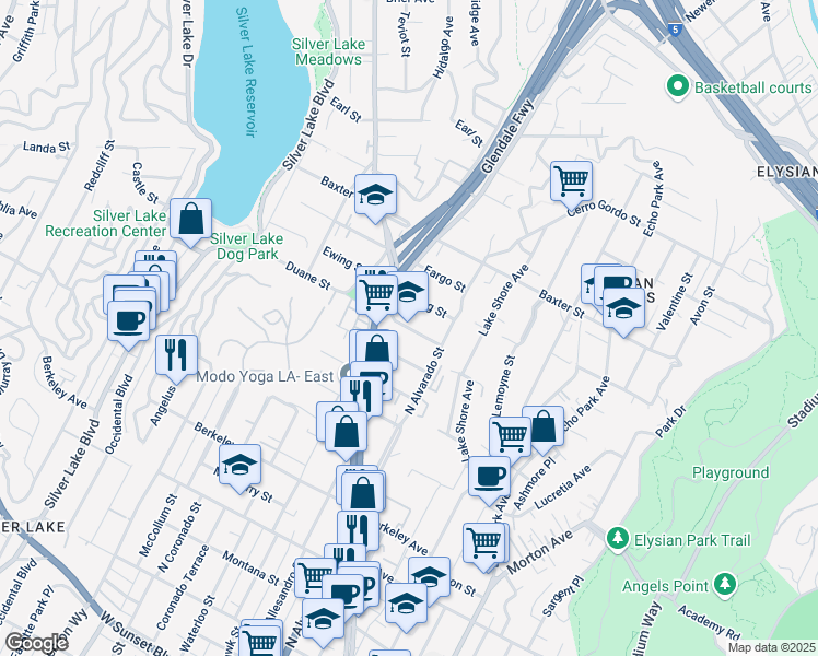 map of restaurants, bars, coffee shops, grocery stores, and more near 2150 Duane Street in Los Angeles