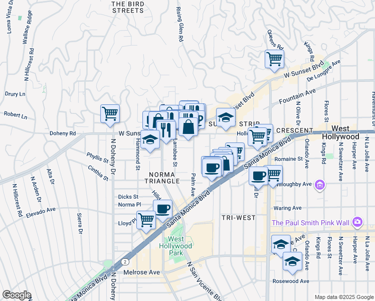 map of restaurants, bars, coffee shops, grocery stores, and more near 8812 Harratt Street in West Hollywood