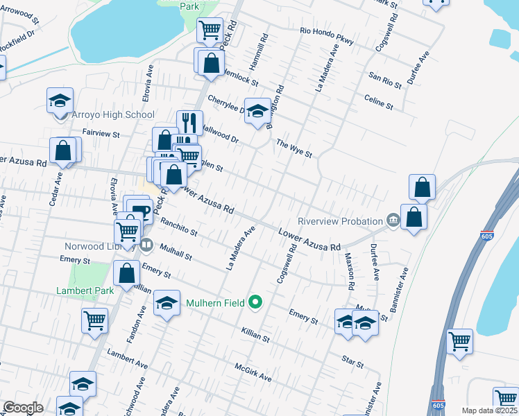 map of restaurants, bars, coffee shops, grocery stores, and more near 11835 Lower Azusa Road in El Monte