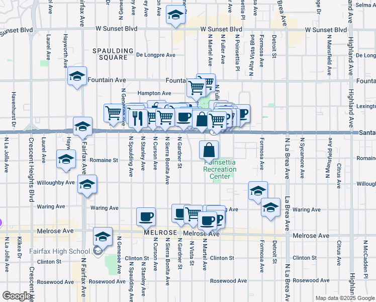 map of restaurants, bars, coffee shops, grocery stores, and more near 1025 North Vista Street in West Hollywood