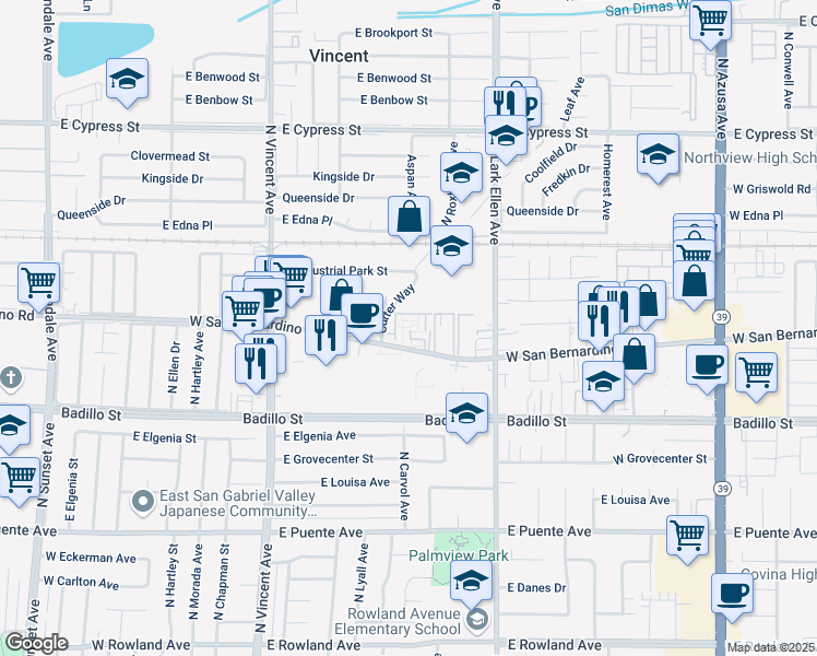 map of restaurants, bars, coffee shops, grocery stores, and more near 1423 West San Bernardino Road in Covina