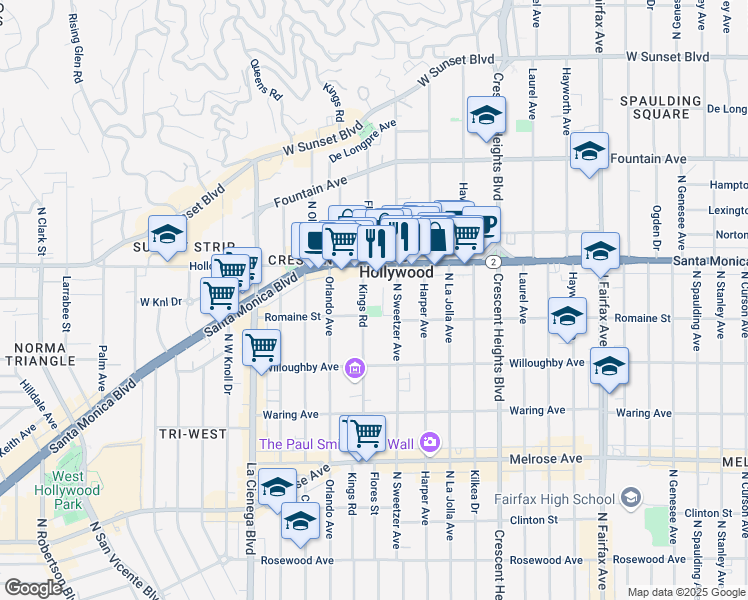 map of restaurants, bars, coffee shops, grocery stores, and more near 1010 Kings Road in West Hollywood
