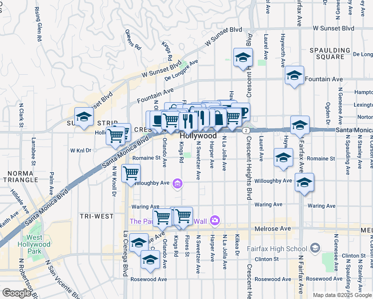 map of restaurants, bars, coffee shops, grocery stores, and more near 1010 Kings Road in West Hollywood
