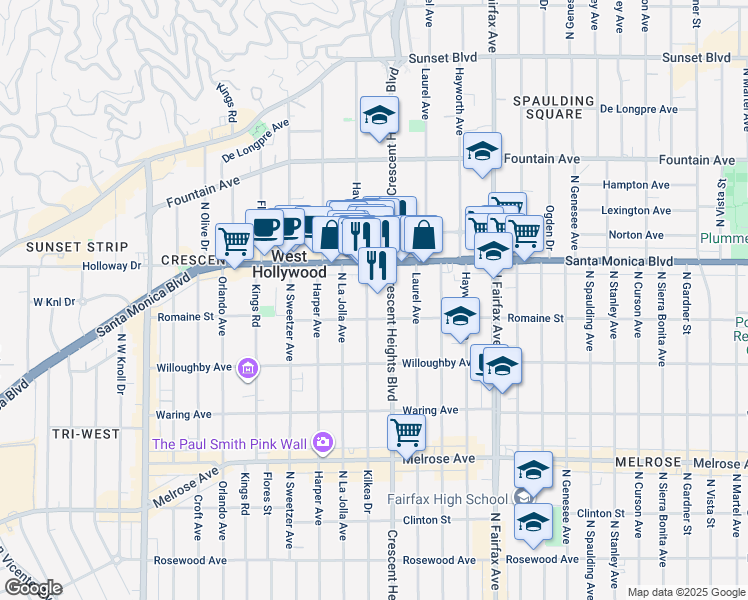 map of restaurants, bars, coffee shops, grocery stores, and more near 1018 Havenhurst Drive in West Hollywood