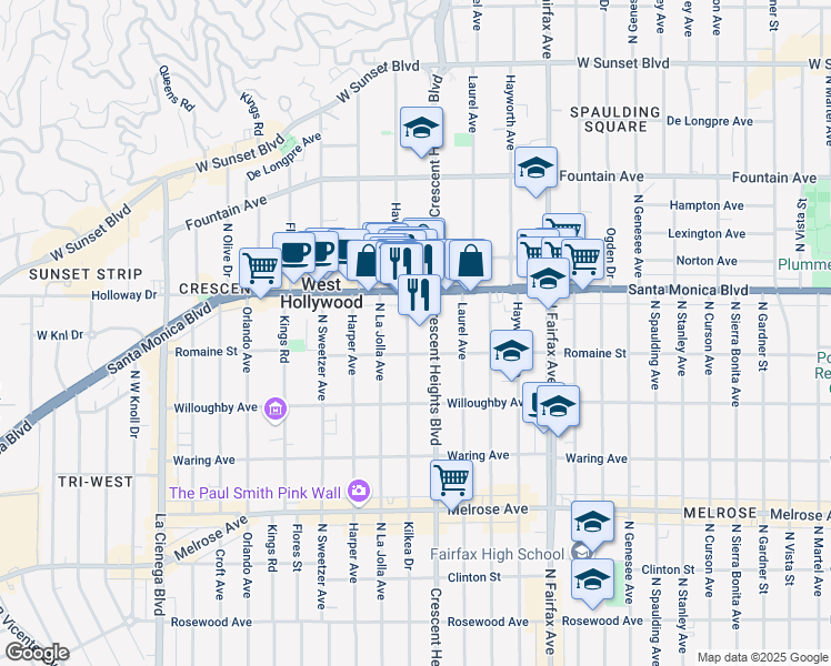map of restaurants, bars, coffee shops, grocery stores, and more near 1018 Havenhurst Drive in West Hollywood