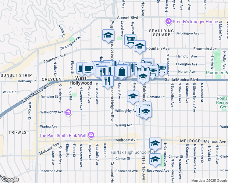 map of restaurants, bars, coffee shops, grocery stores, and more near 1020 North Crescent Heights Boulevard in West Hollywood