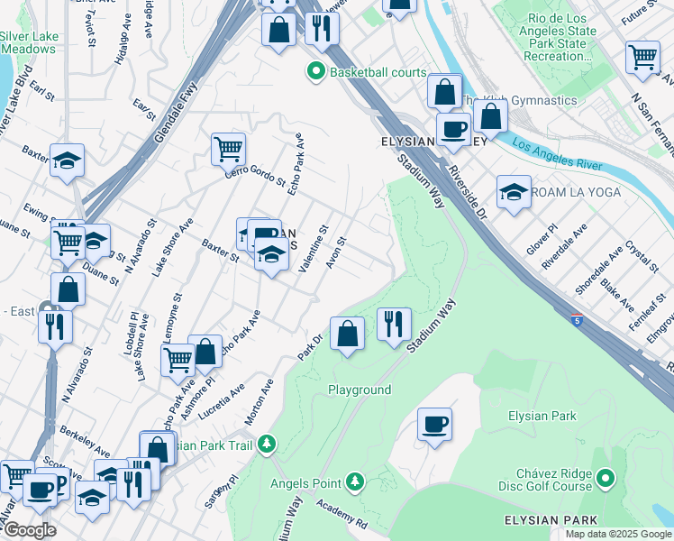 map of restaurants, bars, coffee shops, grocery stores, and more near 1464 Avon Terrace in Los Angeles
