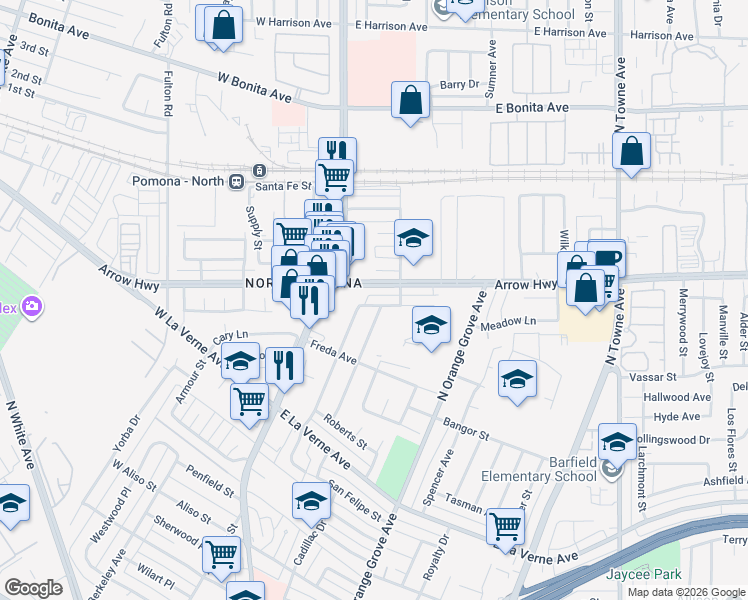 map of restaurants, bars, coffee shops, grocery stores, and more near 223 Albert Avenue in Pomona