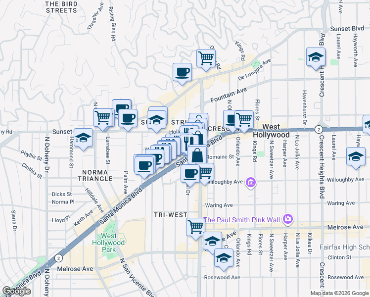 map of restaurants, bars, coffee shops, grocery stores, and more near 8550 Santa Monica Boulevard in West Hollywood