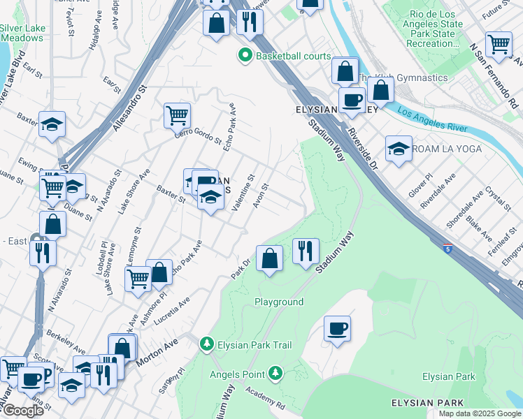 map of restaurants, bars, coffee shops, grocery stores, and more near 1464 Avon Terrace in Los Angeles