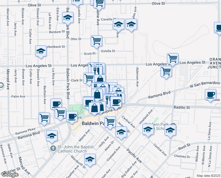 map of restaurants, bars, coffee shops, grocery stores, and more near 14449 Palmrose Street in Baldwin Park