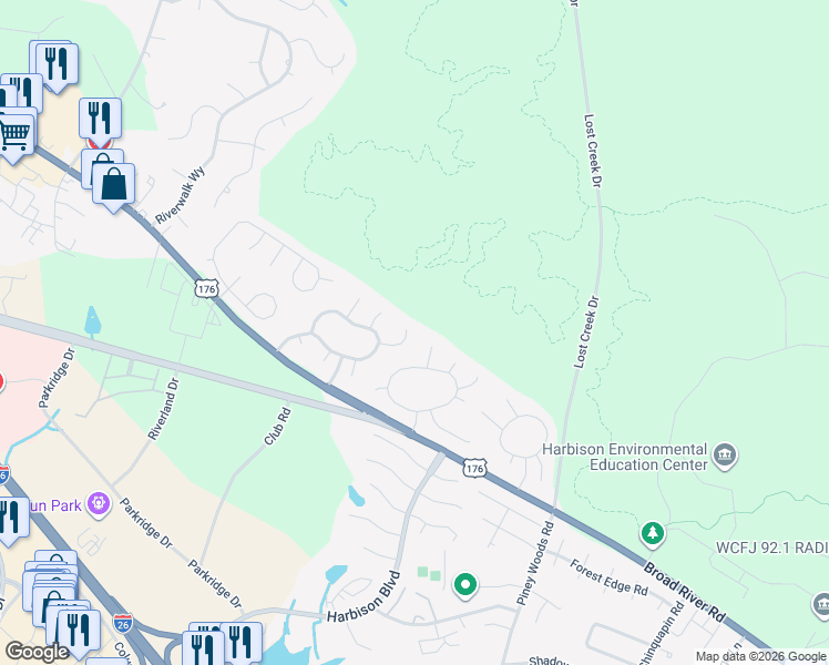 map of restaurants, bars, coffee shops, grocery stores, and more near 18 Periwinkle Court in Irmo