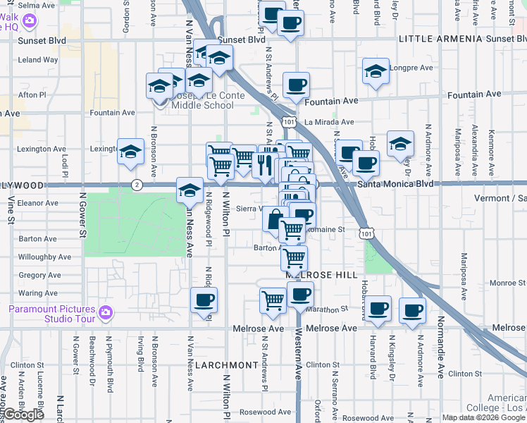 map of restaurants, bars, coffee shops, grocery stores, and more near 5452 Sierra Vista Avenue in Los Angeles