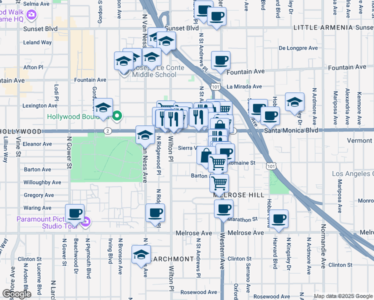 map of restaurants, bars, coffee shops, grocery stores, and more near 5522 Sierra Vista Avenue in Los Angeles