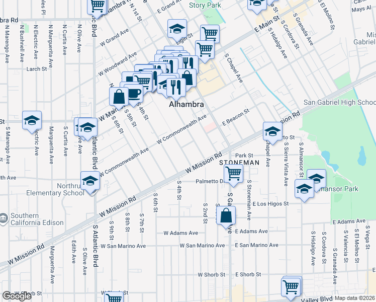 map of restaurants, bars, coffee shops, grocery stores, and more near 408 South 3rd Street in Alhambra